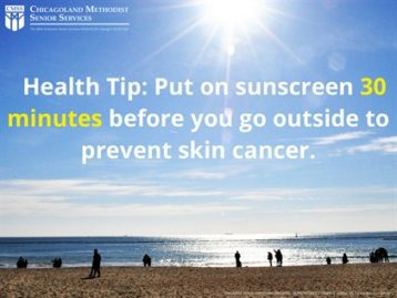 image of a shoreline overlaid with the text: "Health Tip: Put on sunscreen 30 minutes before you go outside to prevent skin cancer."