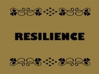 a dark gold sign with the text: "Resilience"