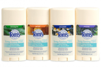 Deodorant sticks of Tom's of Maine. Presented are sticks of four different scents--Lemon grass, apricot, non-scented, and lavender