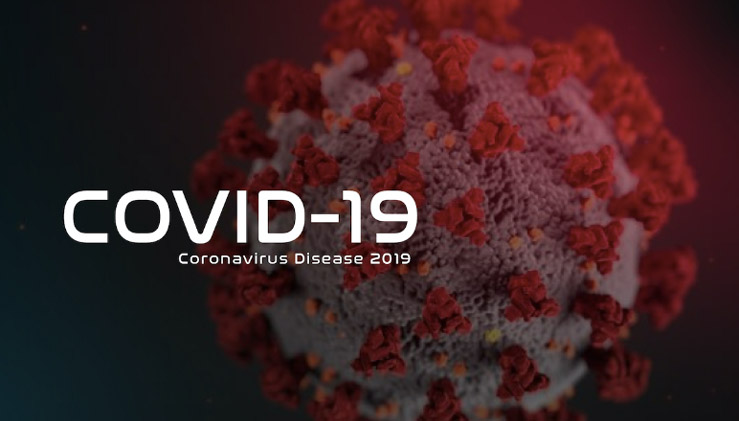 An enlarged picture of the COVID-19 virus with the the overlaid text: "COVID-19 Coronavirus Disease 2019"