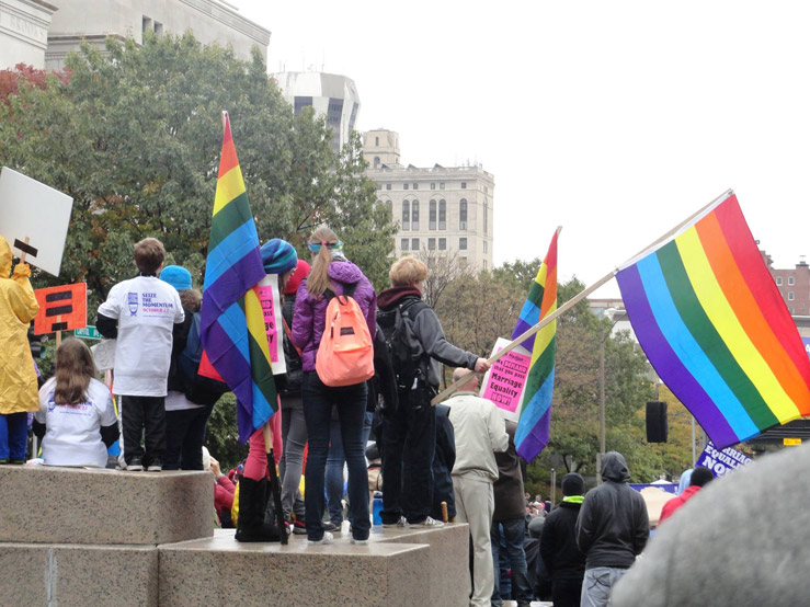 The backside of demonstrators holding up banners and Pride flags as part of the LGBTQ History Month March in Springfield, IL
