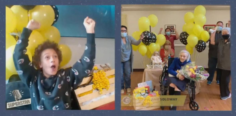 A split screen of a child celebrating in one frame and an elderly woman and senior home care staff celebrating in another. Both locations feature yellow balloons in the background