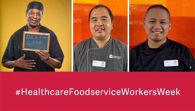 Headshots with three healthcare foodservice workers of varying ethnicities. against varying orange-yellow backgrounds. Below them, on a red banner, reads: "#HealthcareFoodserviceWorkersWeek"