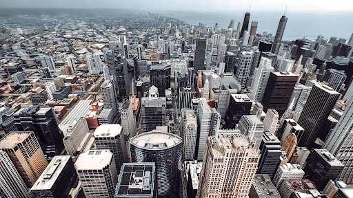 A birds' eye view of Chicago; an endless view of skyscrapers.